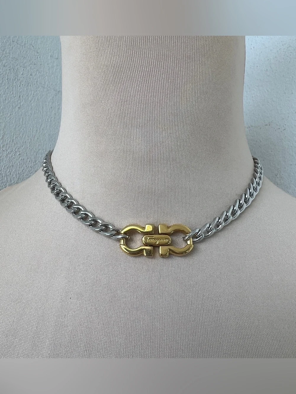 Custom Vintage Two-tone Ferragamo Necklace Silver Gold Curb Chain Choker | 15”
